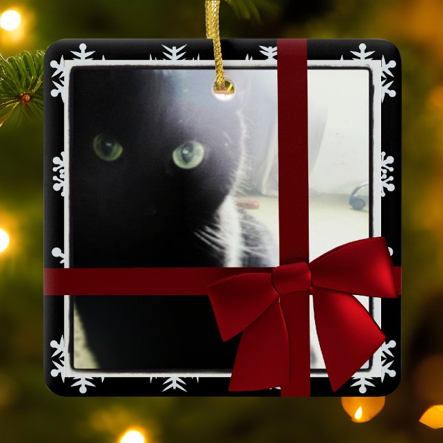 Black Cat First Christmas Pet Photo Frame Red Bow Ceramic Ornament (My cat is often found playing with 'her' tree ornament because I obviously put them there for her :))