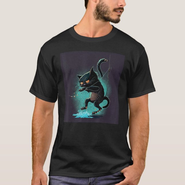 Black Cat Fishing Dabbing Dance 1 T-Shirt (Front)
