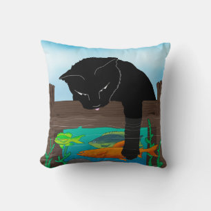 Black Cat Fishing Turquoise Throw Pillow