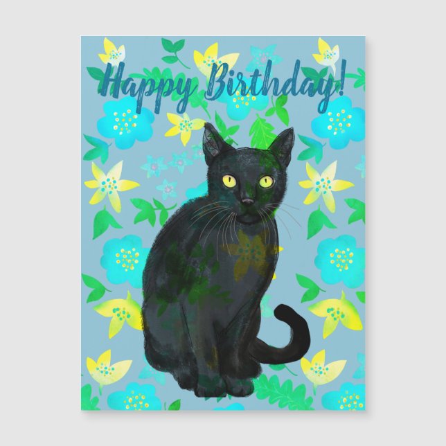 black cat floral, birthday magnet (Front)