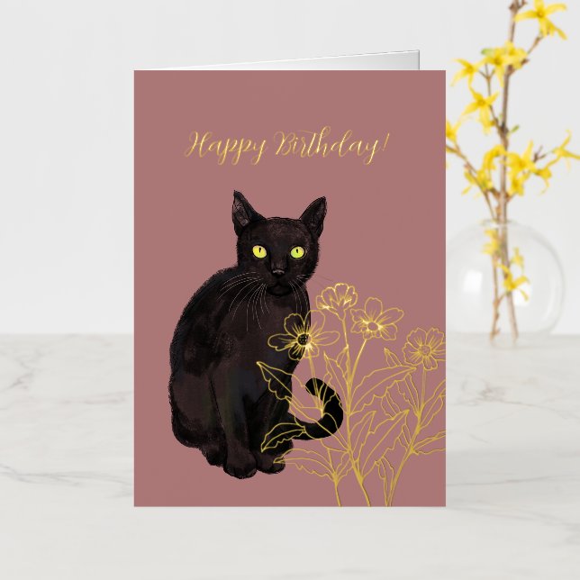 black cat floral foil greeting card (Yellow Flower)