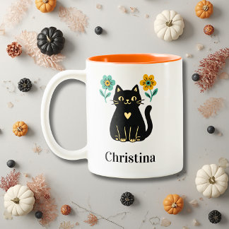 Black Cat Floral Halloween Two-Tone Coffee Mug