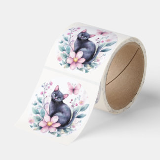 black cat floral sticker roll