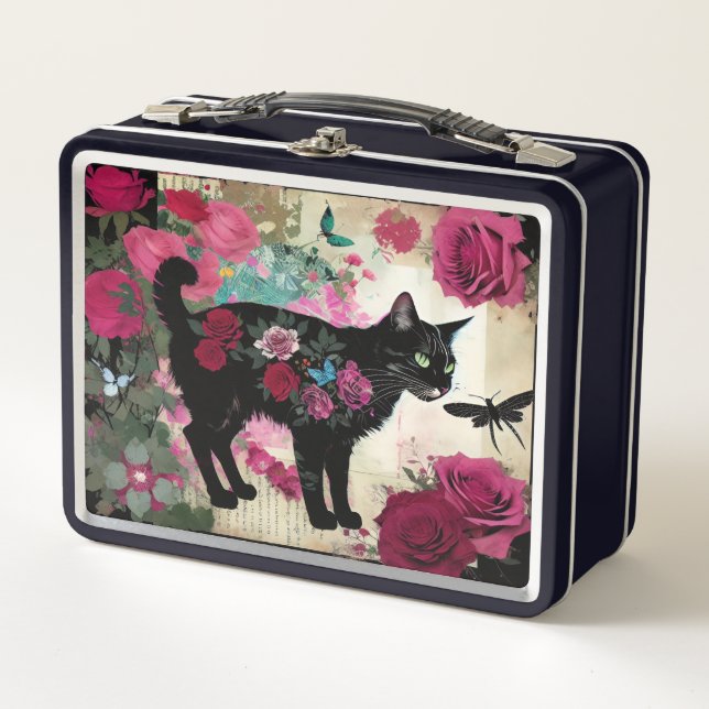 Black Cat Floral With Roses And Dragonfly Metal Lunch Box (Front)