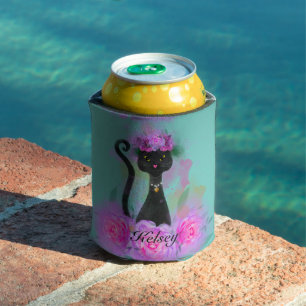 Black Cat flower crown sitting in pink roses Can Cooler