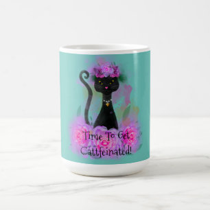 Black Cat flower crown sitting in pink roses Coffee Mug