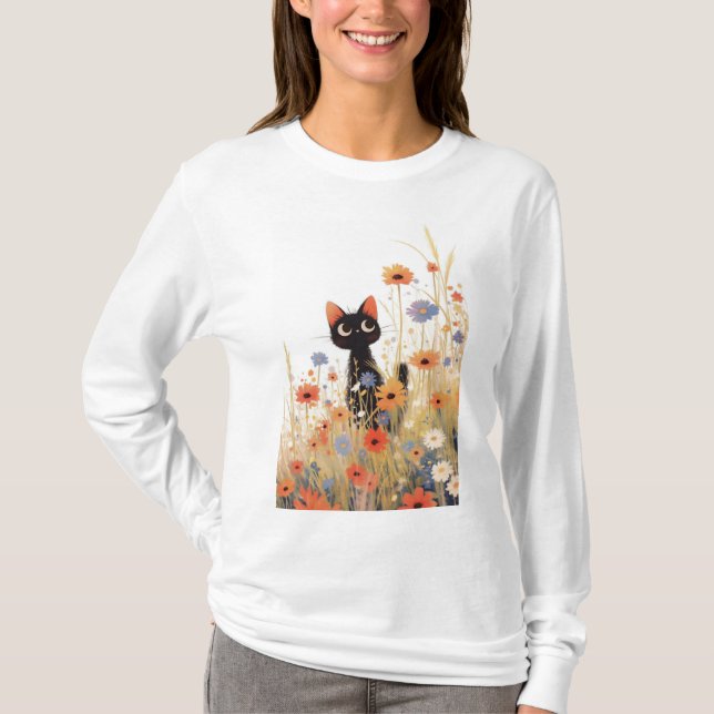 Black Cat Flower Retreat T-Shirt (Front)