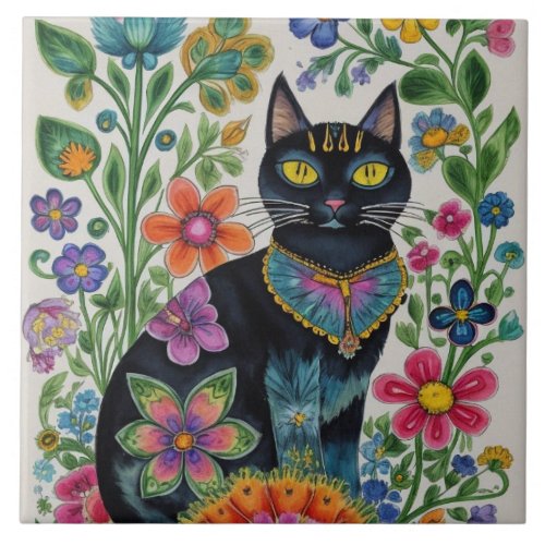 Black cat flowers butterflies native art ceramic tile