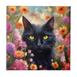 Black Cat Flowers Garden Cat 736 Ceramic Tile