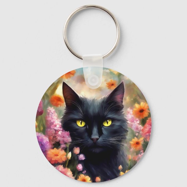 Black Cat Flowers Garden Cat 736 Keychain (Front)