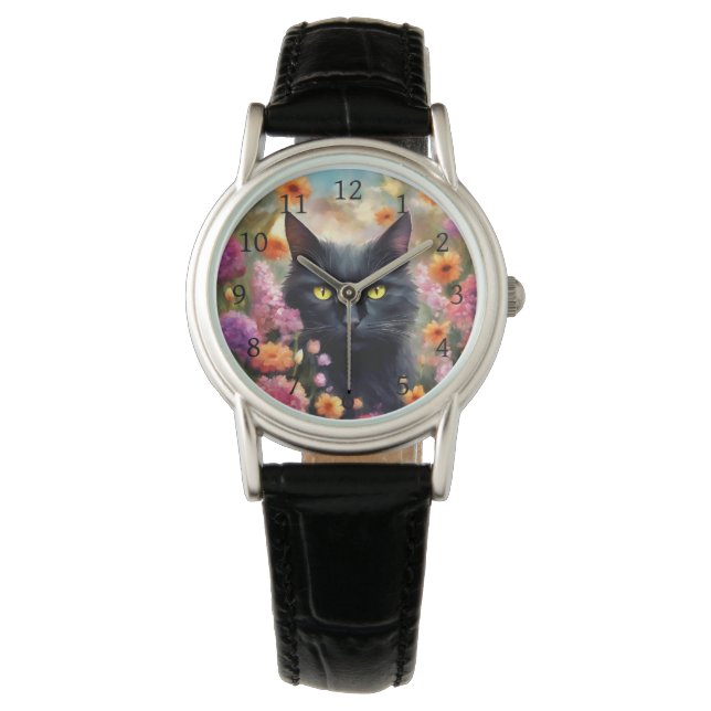 Black Cat Flowers Garden Cat 736 Watch (Front)