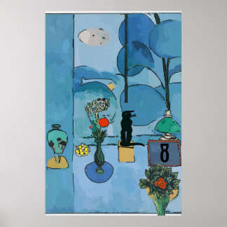Black Cat & Flowers In Blue Room, add text Poster