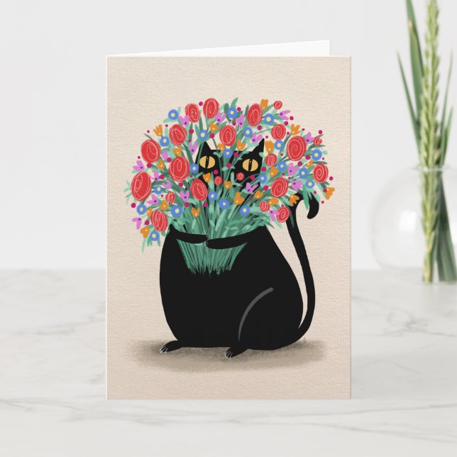Black cat & flowers letterpress thank you card (Front)
