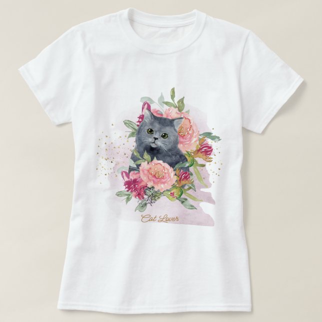 Black Cat & Flowers Pet Lover T-Shirt (Design Front)