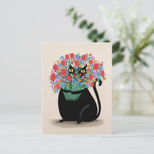 Black cat  flowers postcard