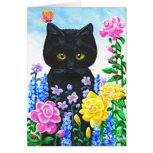 Black Cat Flowers Roses Summer Creationarts Cards (Front)