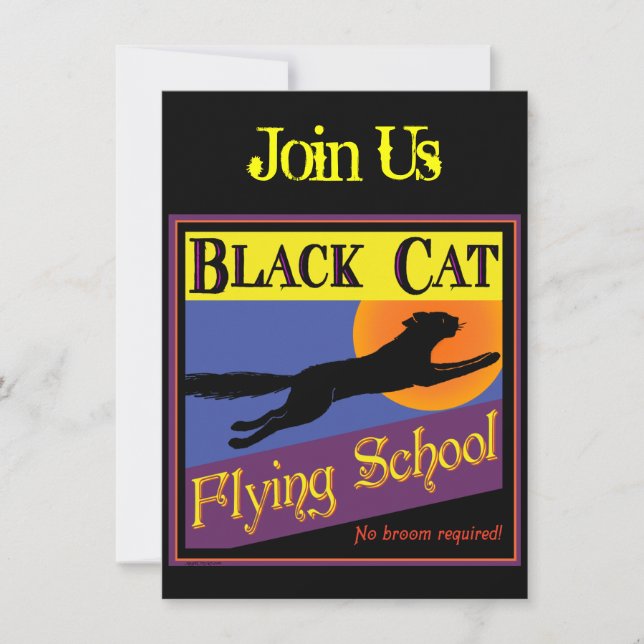 Black Cat Flying School Halloween Invitations (Front)