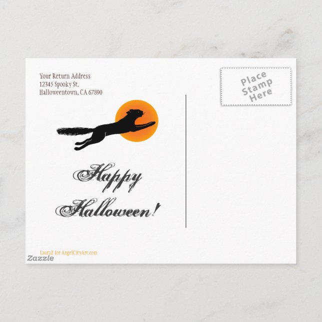 Black Cat Flying School Happy Halloween Postcard (Back)