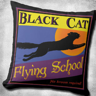 Black Cat Flying School Retro 16" Throw Pillow