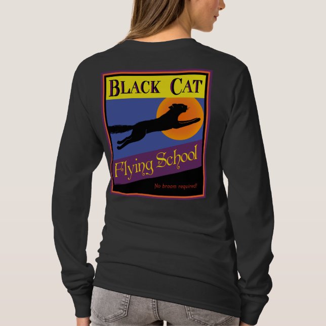 Black Cat Flying School Retro Halloween T-shirt (Back)