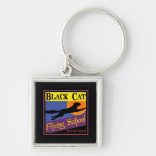 Black Cat Flying School Vintage Halloween Art Keychain