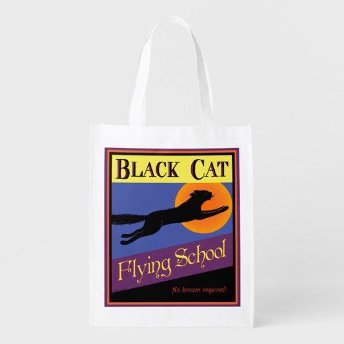 Black Cat Flying School Vintage Halloween Grocery Bag