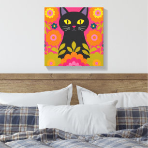 Black Cat Folk Art Canvas Print Colorful Scandinav