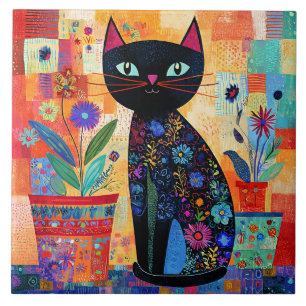 Black Cat Folk Art Ceramic Tile