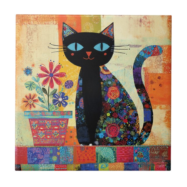 Black Cat Folk Art Ceramic Tile (Front)