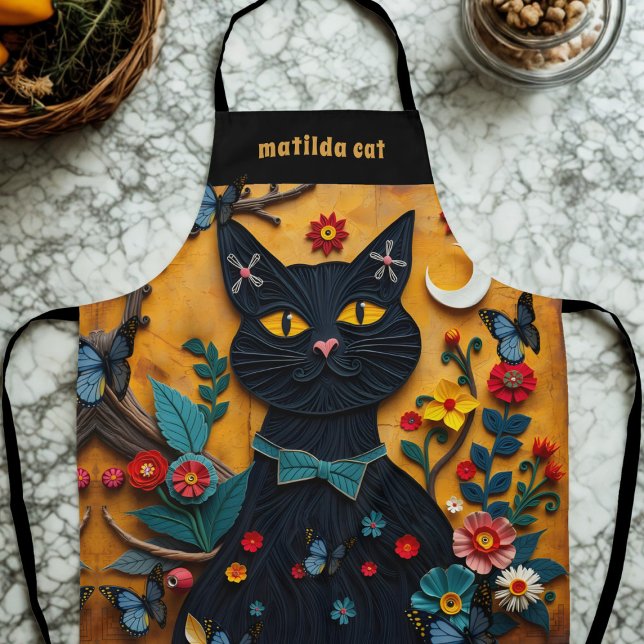 Black Cat Folk Art Colorful Floral Apron (Just add your name to this cute black cat kitchen apron)