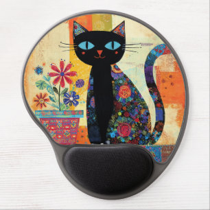 Black Cat Folk Art Gel Mouse Pad