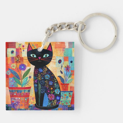 Black Cat Folk Art Keychain