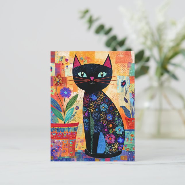 Black Cat Folk Art Postcard (Standing Front)