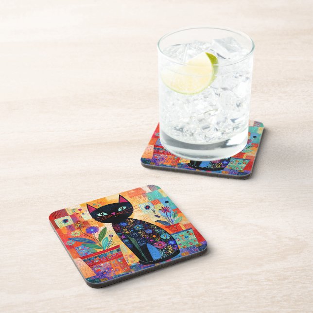 Black Cat Folk Art (Potted Plants) Beverage Coaster (Right Side)