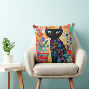 Black Cat Folk Art (Potted Plants) Throw Pillow