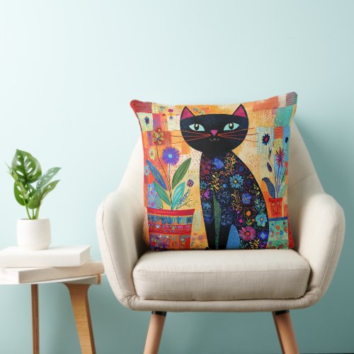 Black Cat Folk Art (Potted Plants) Throw Pillow