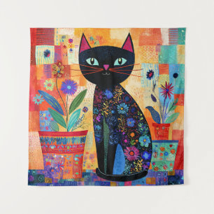 Black Cat Folk Art Tapestry