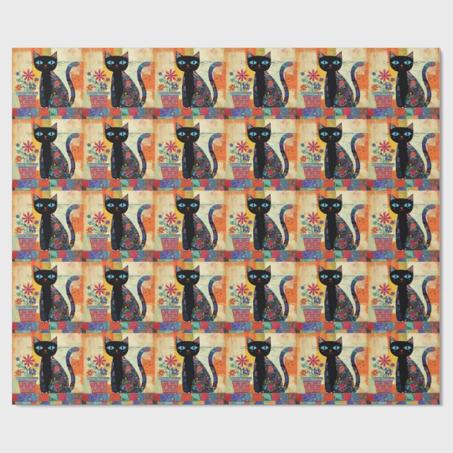 Black Cat Folk Art Wrapping Paper (Flat)