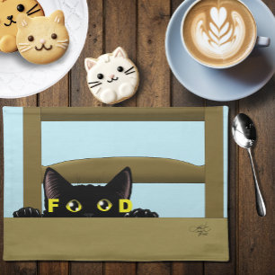 Black Cat Food Funny Hungry Kitty Humor Cloth Placemat