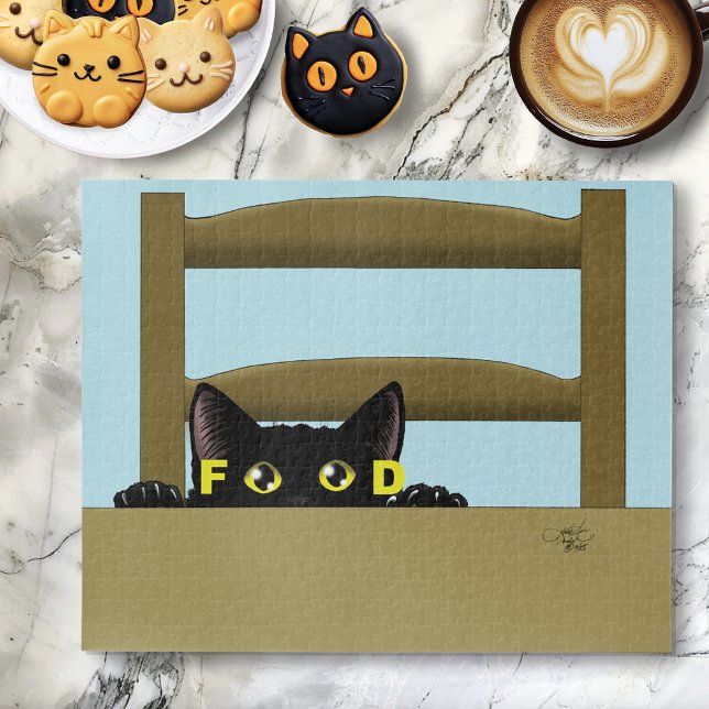 Black Cat Food Funny Hungry Kitty Humor Jigsaw Puzzle (Creator Uploaded)
