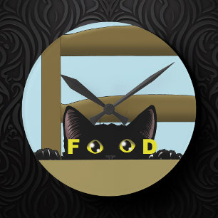Black Cat Food Funny Hungry Kitty Humor Round Clock