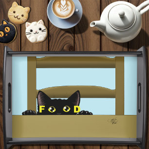 Black Cat Food Funny Hungry Kitty Humor Serving Tray