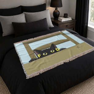 Black Cat Food Funny Hungry Kitty Humor Throw Blanket