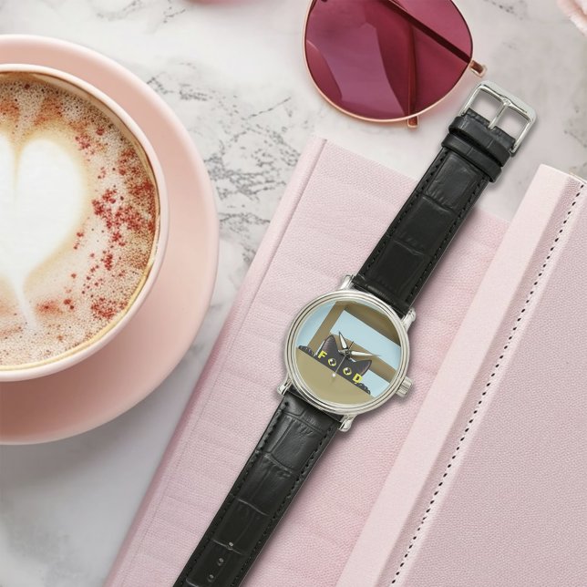 Black Cat Food Funny Hungry Kitty Humor Watch (Creator Uploaded)