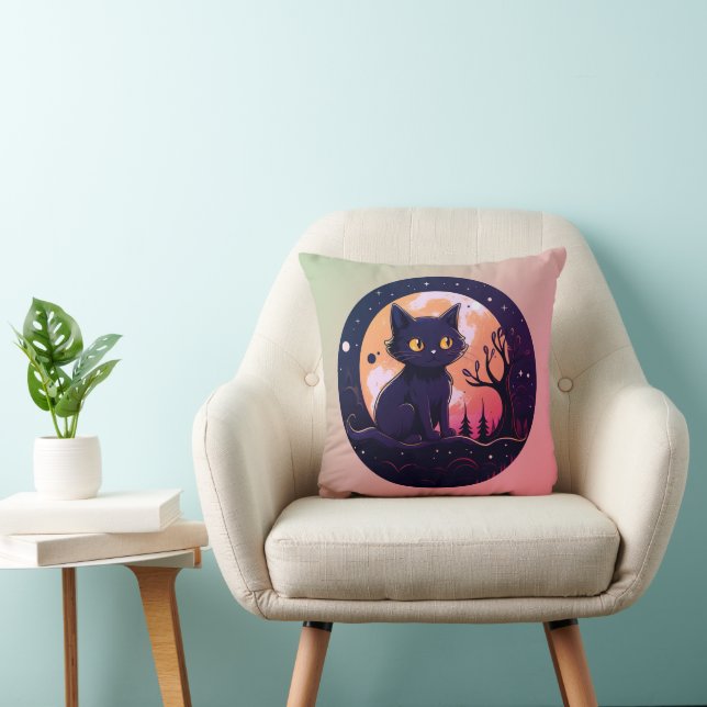 Black Cat Forest Jack-O' Lantern Pink Halloween Throw Pillow (Chair)