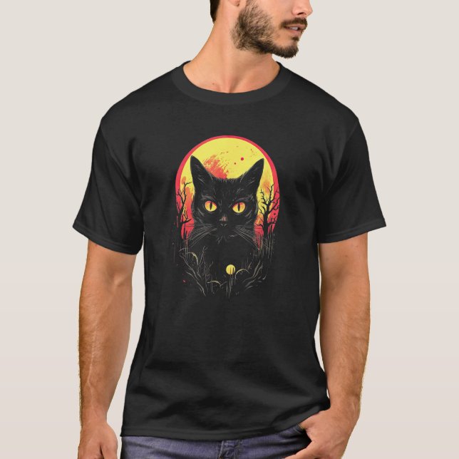 Black Cat Forest Moon Mystical Cat T-Shirt (Front)
