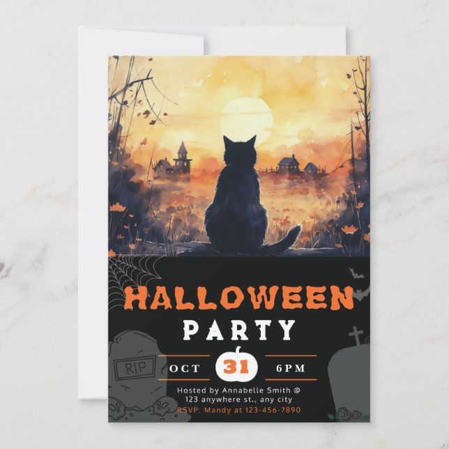 Black Cat Full Moon Autumn Black Halloween Invitation (Front)