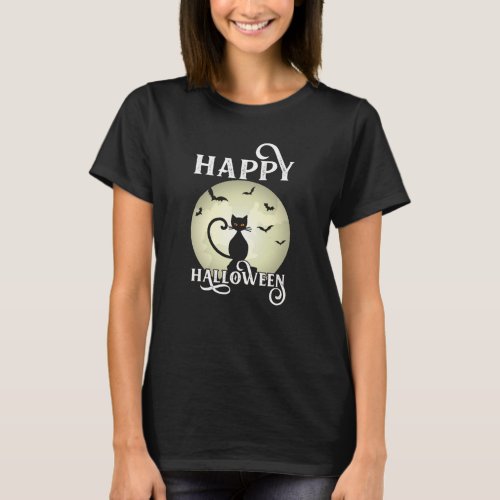 Black Cat Full Moon Bats Happy Halloween T_Shirt