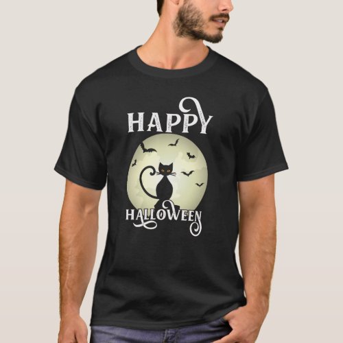 Black Cat Full Moon Bats Happy Halloween T_Shirt