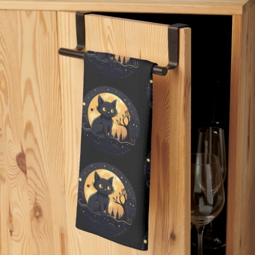 Black Cat Full Moon Celestial Black Halloween Kitchen Towel